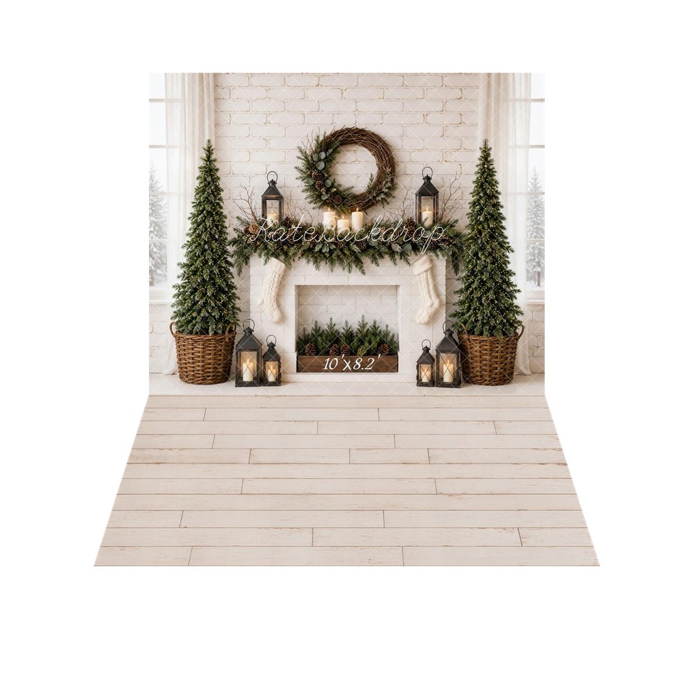 Kate Christmas Fireplace Minimalist Pine Trees Wreath Stockings Lanterns Printed Backdrop+White Retro Wall Planks Printed Backdrop