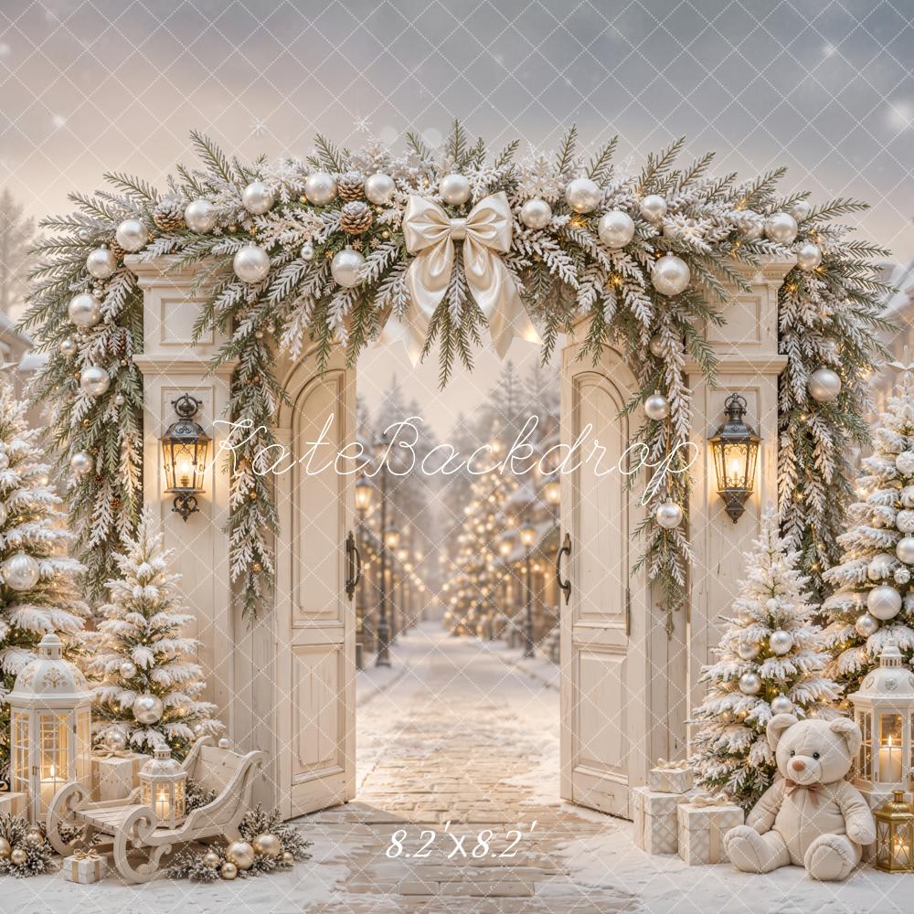 Kate Christmas Street Flower Arch Snowy Trees Lanterns Teddy Bear Printed Backdrop Designed by Emetselch