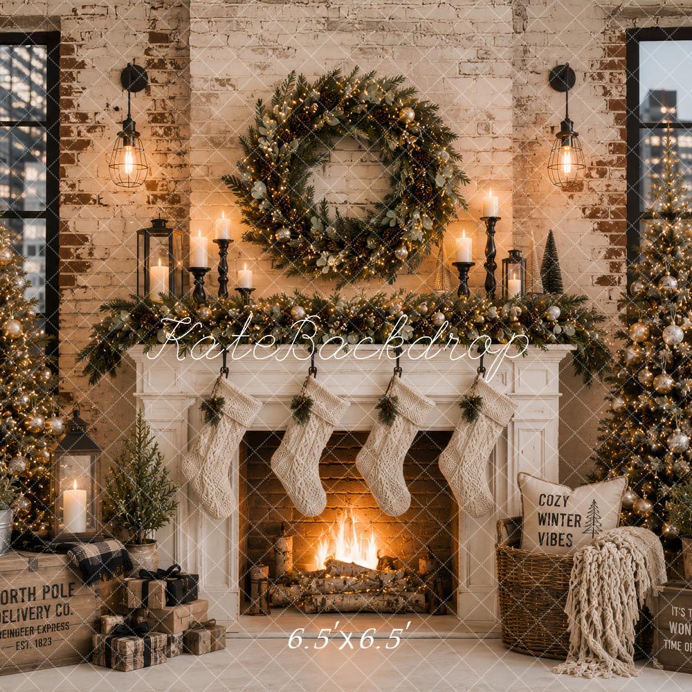 Kate Christmas Urban Fireplace Wreath Stockings Printed Backdrop Designed by Ashley Paul