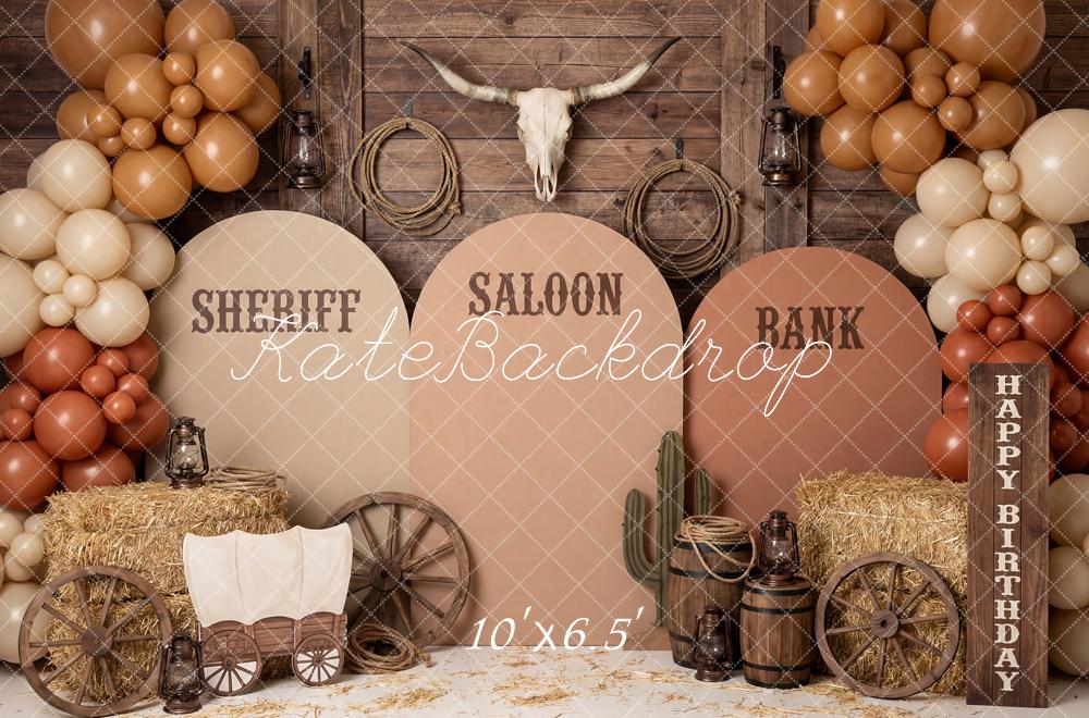 Kate Cake Smash Western Saloon Sheriff Bank Wagon Balloons Printed Backdrop Designed by Patty Roberts