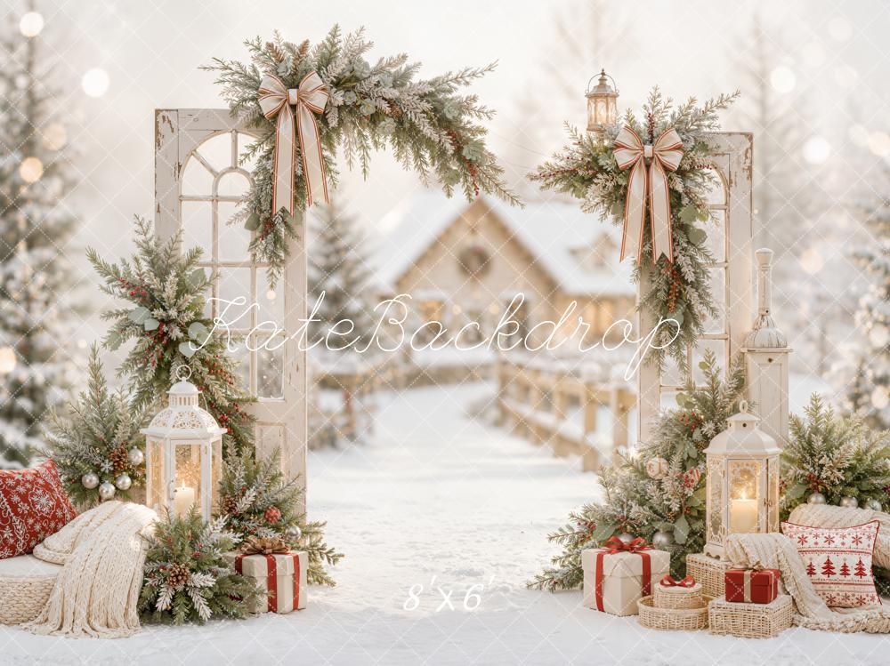 Kate Christmas Door Snowy Arch Garland Lanterns Village Printed Backdrop Designed by Emetselch