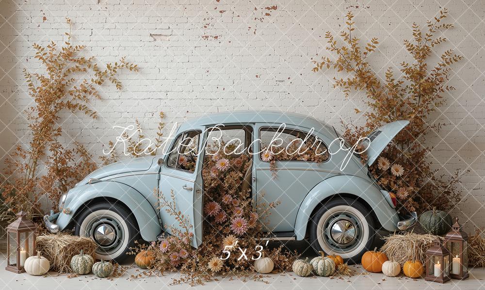 Kate Fall Vintage Blue Car Pumpkins White Brick Wall Printed Backdrop Designed by Ashley Ward