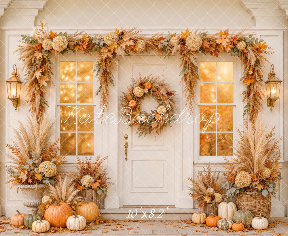 Kate Fall Front Door Floral Garland Wreath Pumpkins Window Printed Backdrop Designed by Emetselch