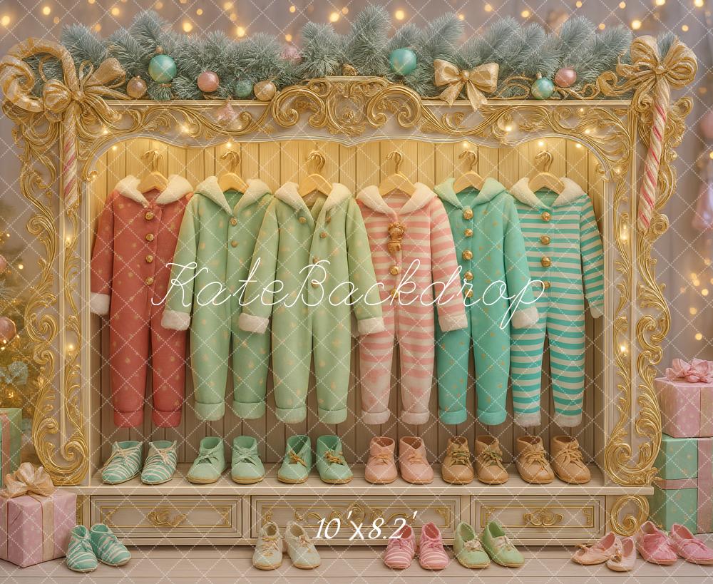 Kate Christmas Pajamas Closet Garland Lights Backdrop Designed by Ashley Paul