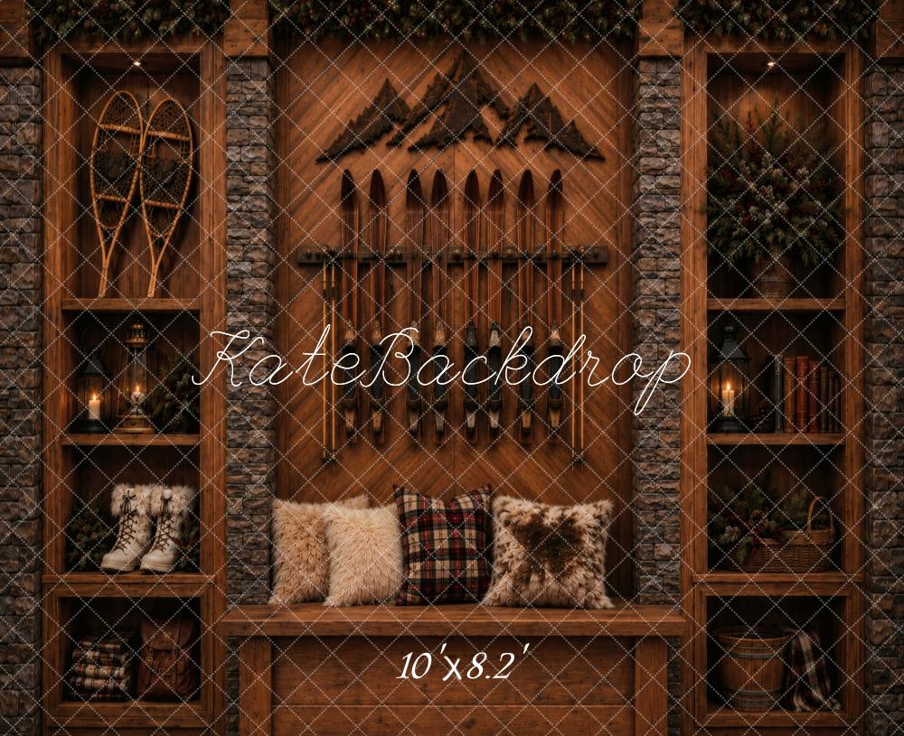 Kate Rustic Ski Lodge Shelves Fur Pillows Printed Backdrop Designed by Vertigo Productions