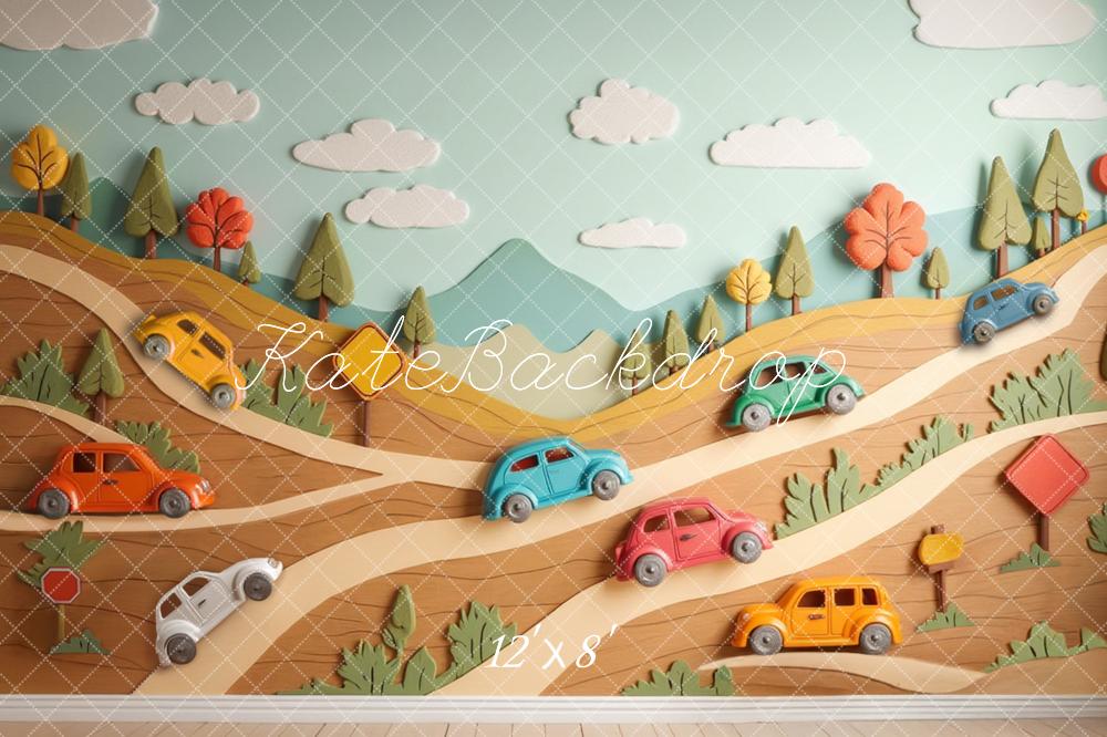 Kate Cartoon Cars Hillside Road Trees Clouds Printed Backdrop Designed by Laura Bybee