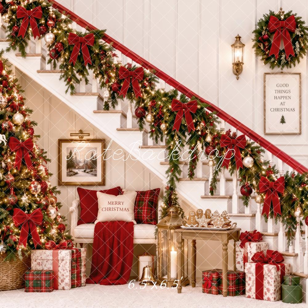 Kate Christmas Staircase Tree Garland Wreath Gifts Printed Backdrop Designed by Patty Roberts