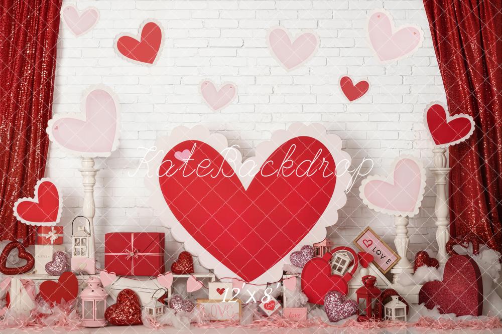 Kate Valentine's Day Red Hearts Gifts White Brick Wall Backdrop Designed by Emetselch