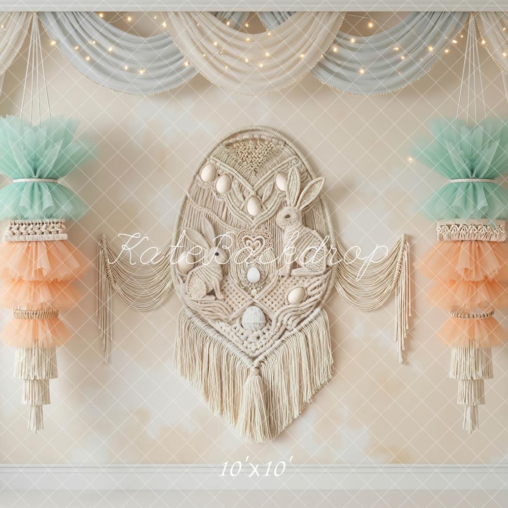 Kate Easter Bunny Macrame Pastel Tulle Drapes Printed Backdrop Designed by Mini MakeBelieve