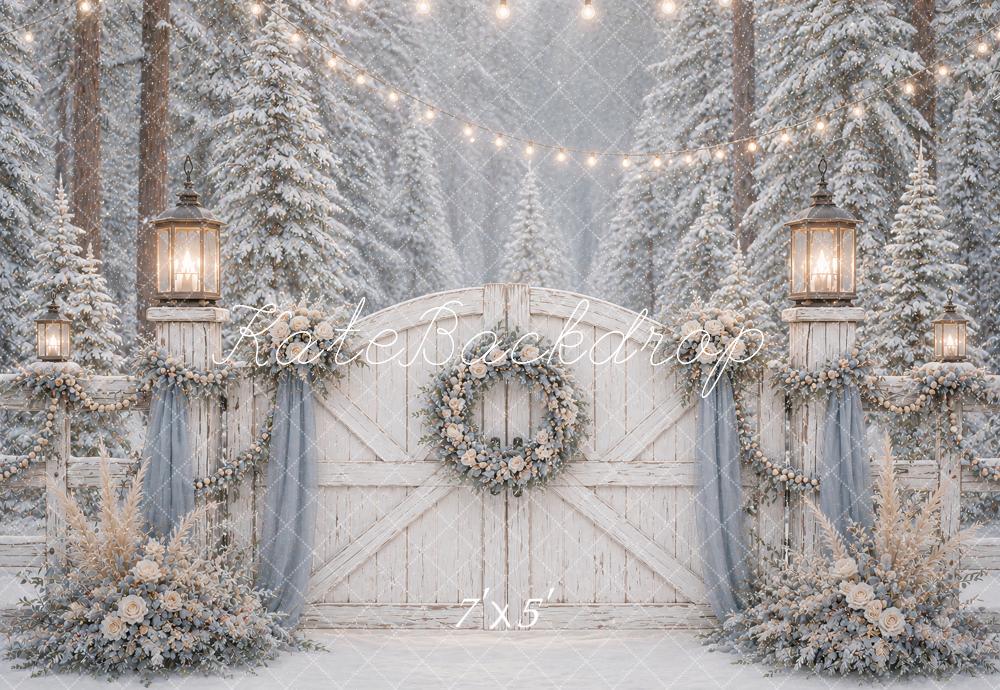 Kate Winter Snowy Forest Barn Gate Lanterns Printed Backdrop Designed by Ashley Paul