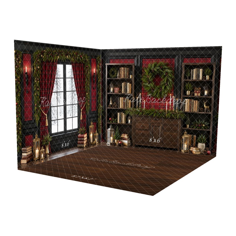 Kate Christmas Plaid Library Bookshelves Wreath Window Printed Backdrop Room Set