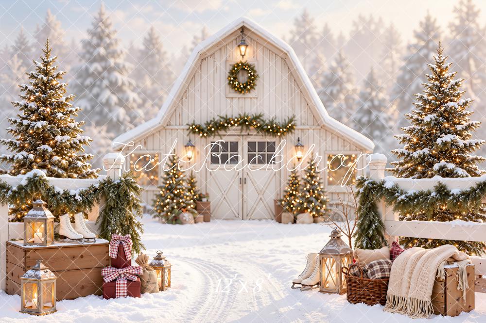 Kate Christmas Snowy White Barn Pine Trees Farmhouse Printed Backdrop Designed by Emetselch