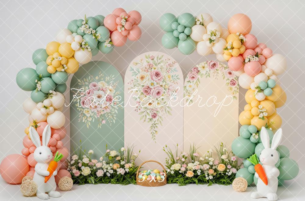 Kate Easter Bunny Flower Arch Pastel Balloons Printed Backdrop Designed by Patty Roberts