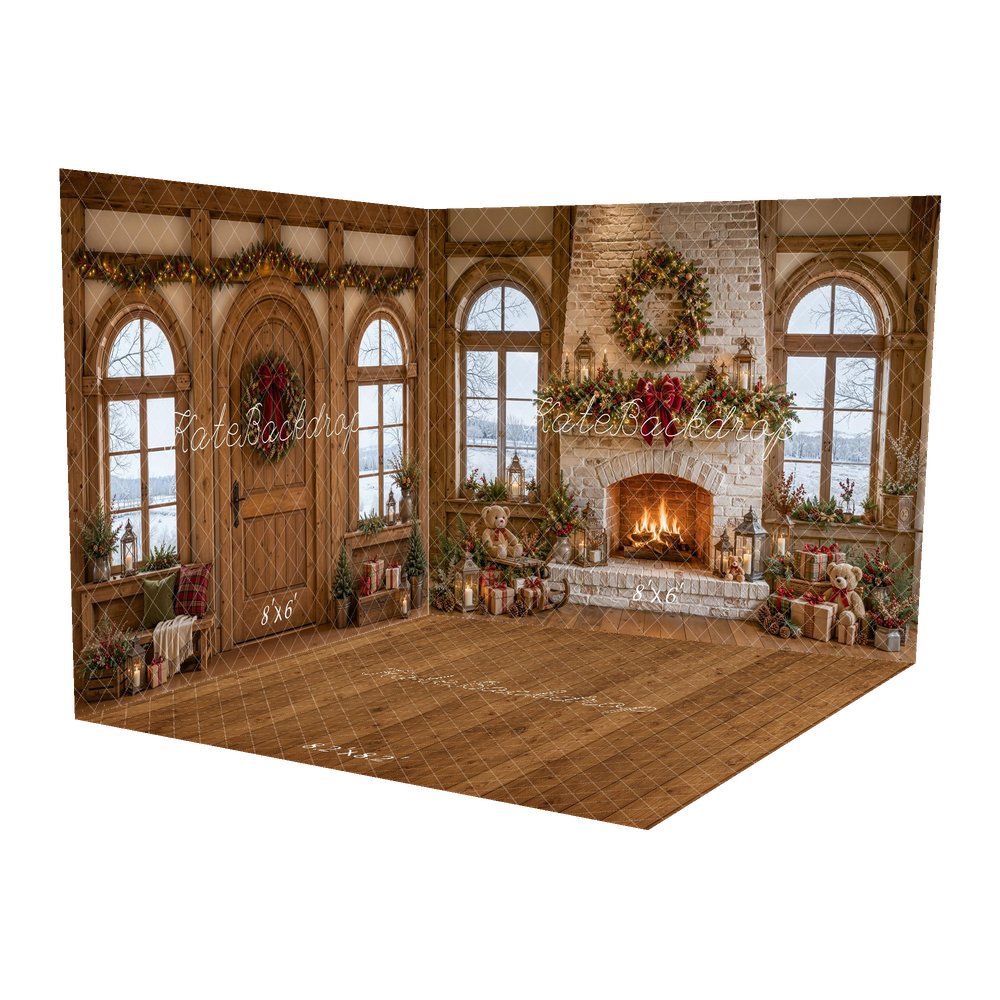 Kate Christmas Fireplace Stone Garland Wreath Teddy Bear Gifts Printed Backdrop Room Set