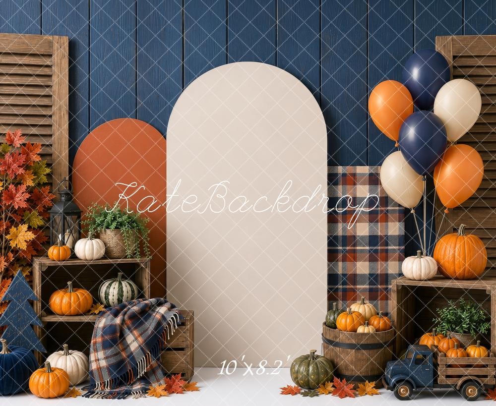 Kate Fall Cake Smash Blue Plaid Pumpkin Balloon Arch Truck Printed Backdrop Designed by Shutter Swan Studios