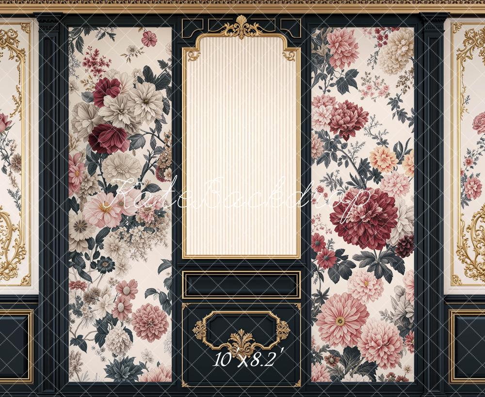 Kate Retro Ornate Black Gold Floral Wall Printed Backdrop Designed by Mini MakeBelieve