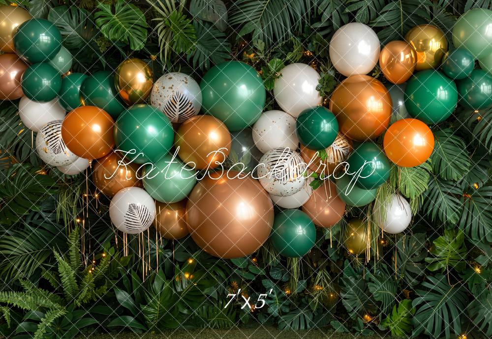 Kate Birthday Green Gold Balloon Garland Jungle Leaves Printed Backdrop Designed by Emetselch