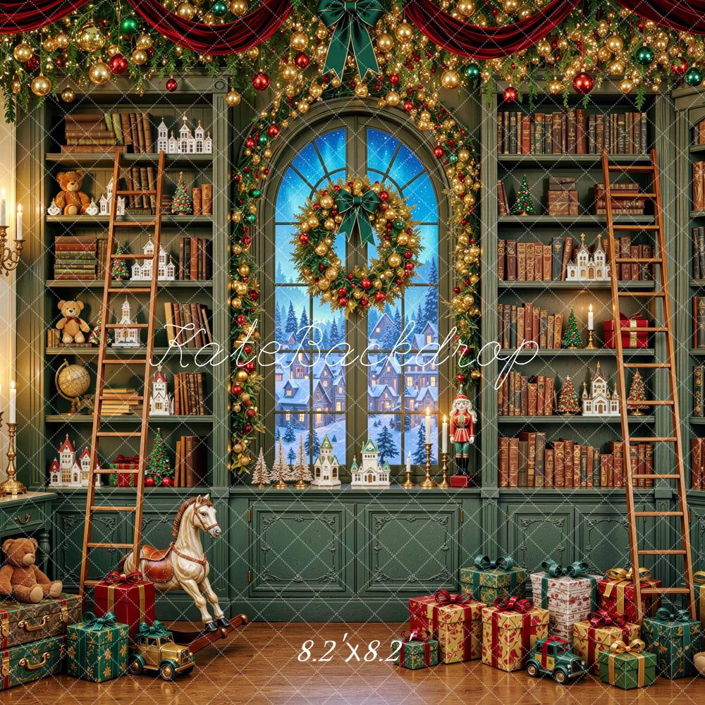 Kate Christmas Green Library Bookshelves Wreath Gifts Printed Backdrop Designed by Mini MakeBelieve