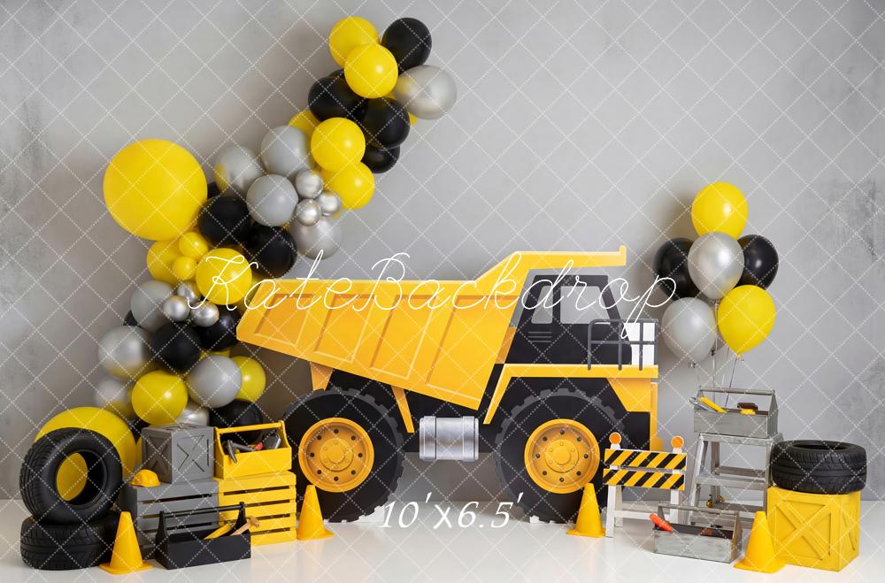 Kate Cake Smash Truck Construction Balloons Tires Yellow Printed Printed Backdrop Designed by Patty Roberts