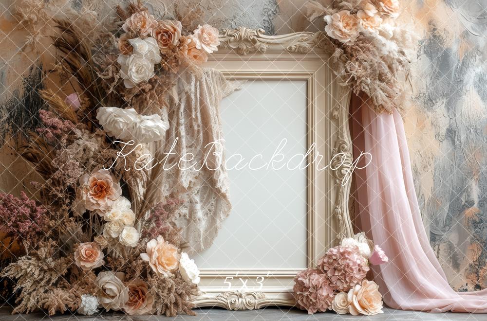 Kate Boho Floral Frame Vintage Beige Backdrop Designed by Mini MakeBelieve