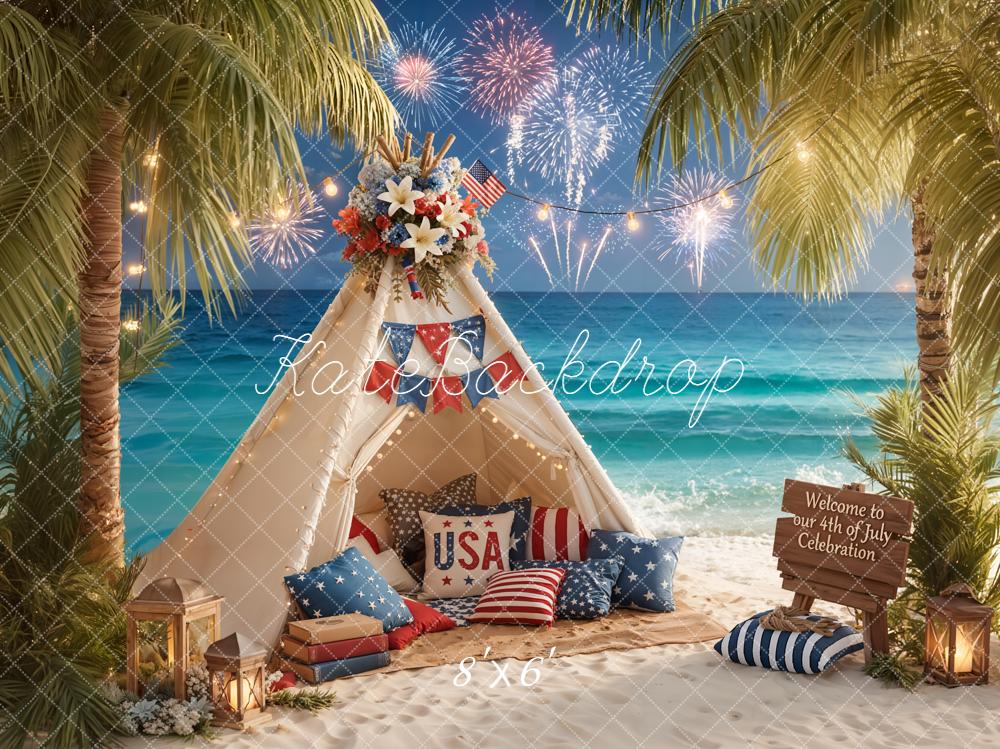 Kate Fourth of July Beach Tent Fireworks Printed Backdrop Designed by Emetselch