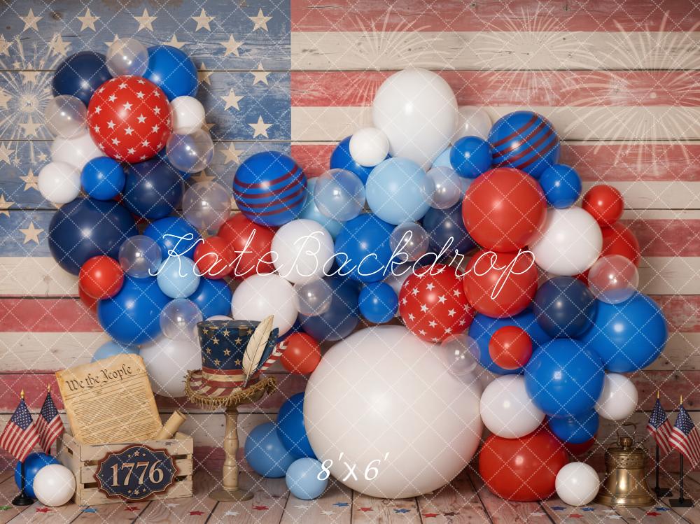 Kate 4th of July Patriotic Balloons American Flag Fireworks Wood Floor Printed Backdrop Designed by Emetselch