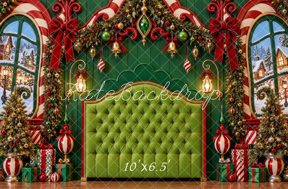 Kate Christmas Headboard Whimsical Green Candy Cane Window Garland Printed Backdrop Designed by Shutter Swan Studios