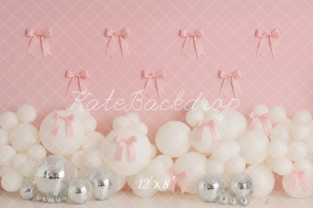 Kate Cake Smash Pink Bows White Balloons Silver Disco Balls Backdrop Designed by Patty Roberts