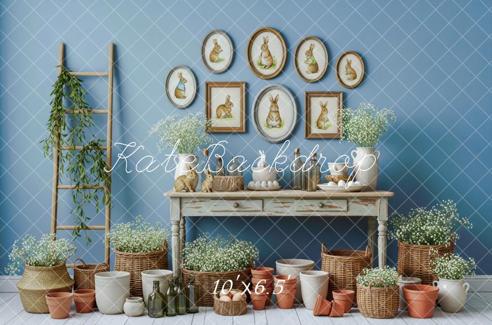 Kate Easter Bunny Blue Wall Baskets Pots Floral Decor Printed Backdrop Designed by Patty Roberts