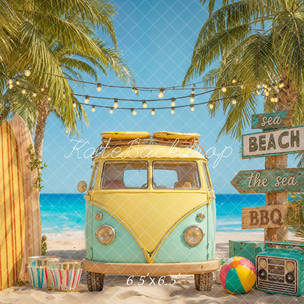 Kate Summer Beach Van Surfboard Palm Trees Printed Backdrop Designed by Emetselch