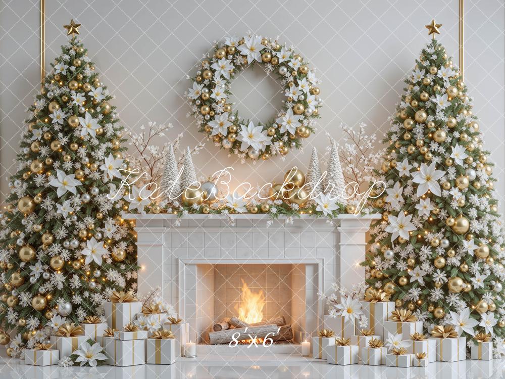 Kate Christmas White Gold Poinsettias Trees Fireplace Wreath Presents Printed Backdrop Designed by Mini MakeBelieve