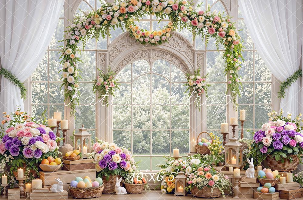 Kate Easter Bunny Flower Arch Pastel Eggs Candles Backdrop Designed by Mini MakeBelieve