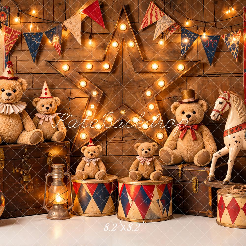 Kate Circus Teddy Bears Rocking Horse Carousel Wood Printed Backdrop Designed by Emetselch