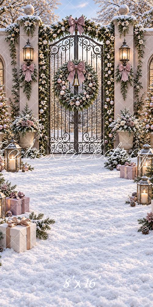 Kate Sweep Christmas Snowy Garden Gate Wreath Printed Backdrop Designed by Vertigo Productions