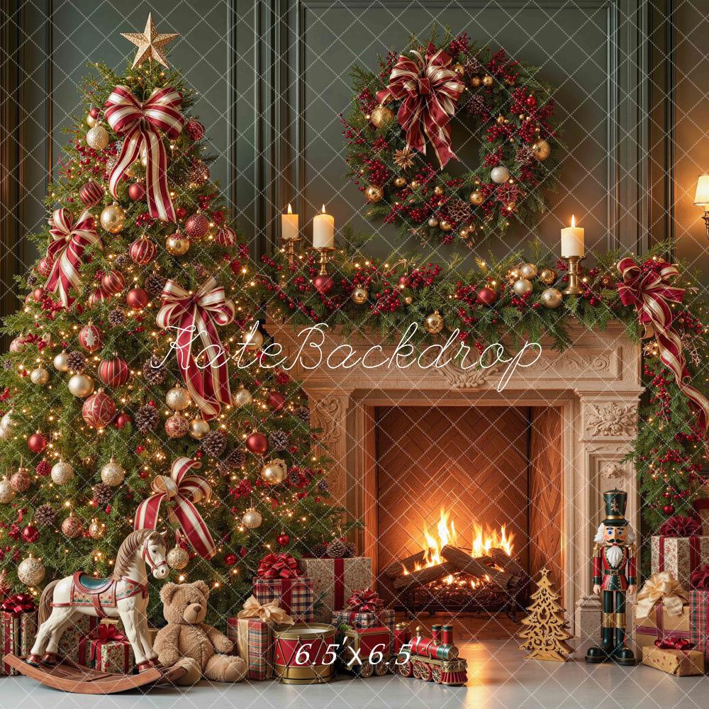 Kate Christmas Tree Fireplace Striped Wreath Gifts Green Printed Backdrop Designed by Mini MakeBelieve
