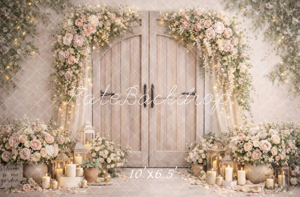 Kate Spring Flower Arch Cream Wood Doors Candles Printed Backdrop Designed by Vertigo Productions
