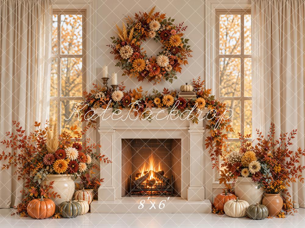 Kate Fall Fireplace Floral Wreath Pumpkins Printed Backdrop Designed by Emetselch