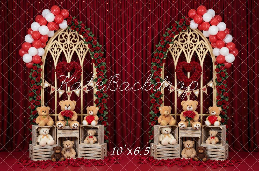 Kate Valentine's Day Flower Arch Teddy Bears Red Balloons Backdrop Designed by Mini MakeBelieve