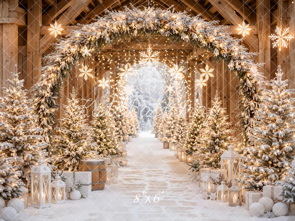 Kate Christmas Snowy Evergreen Lighted Archway Trees Printed Backdrop Designed by Emetselch