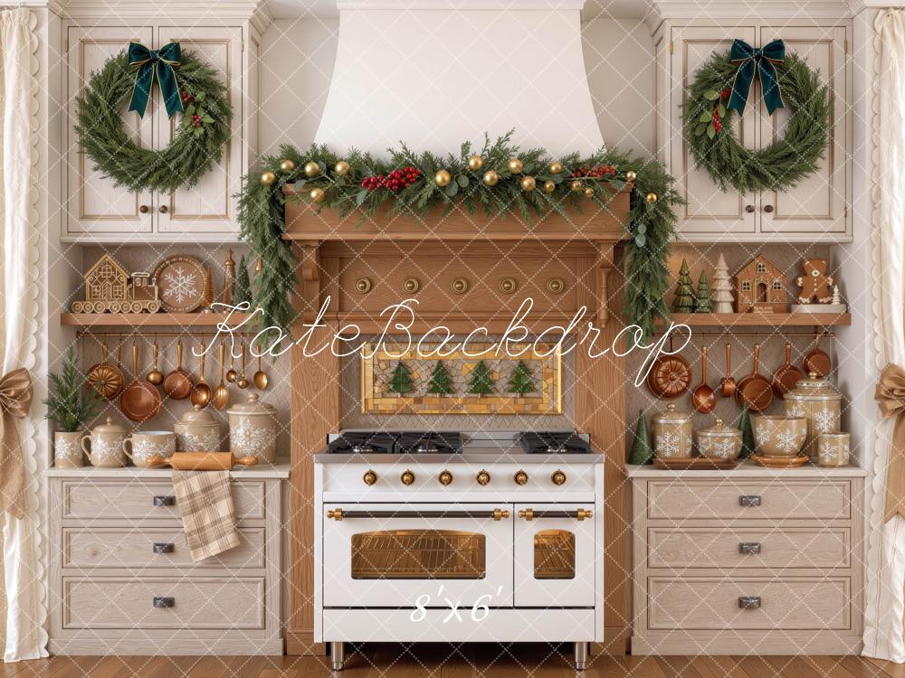 Kate Christmas Kitchen Cabinet Rustic Stove Garland Wreath Printed Backdrop Designed by Mini MakeBelieve