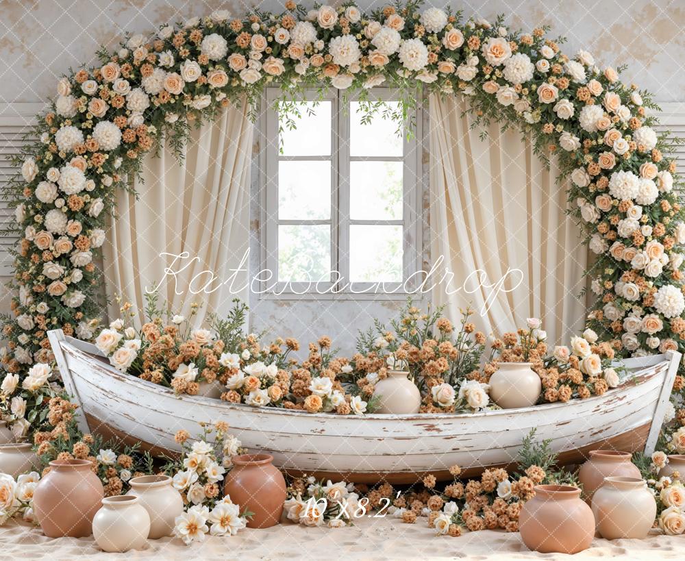 Kate Flower Arch Boat Window Vases Beige Floral Printed Backdrop Designed by Mini MakeBelieve