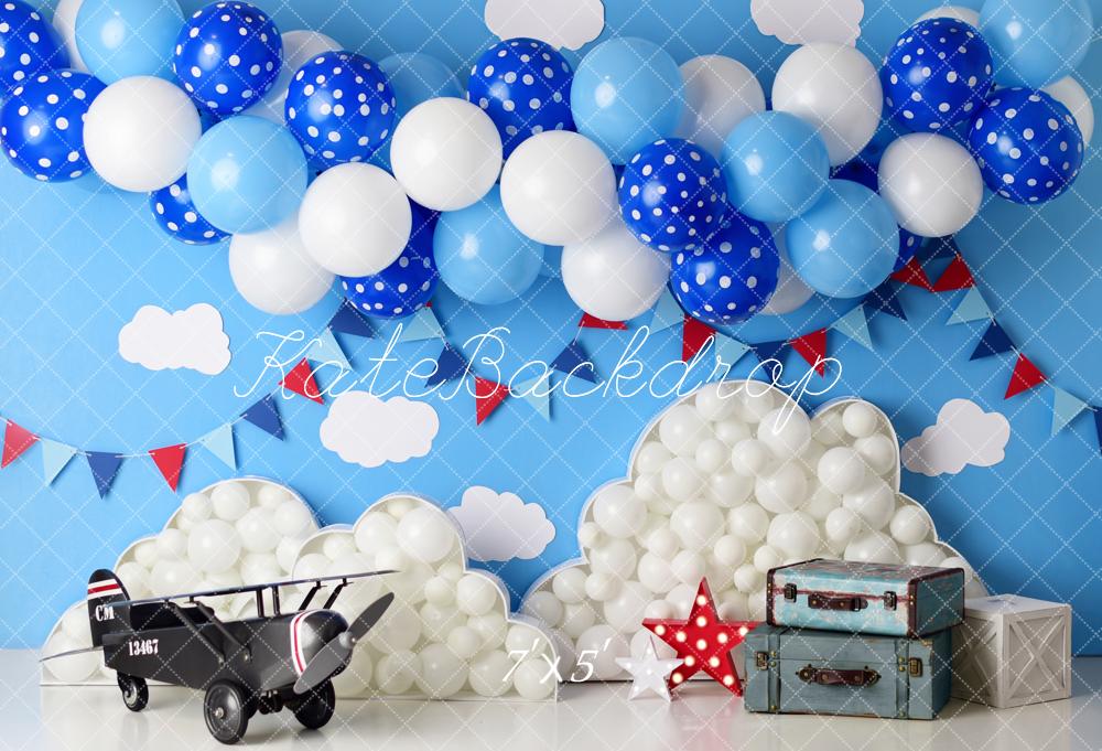 Kate Cake Smash Airplane Clouds Balloons Blue Sky Printed Backdrop Designed by Mandy Ringe Photography