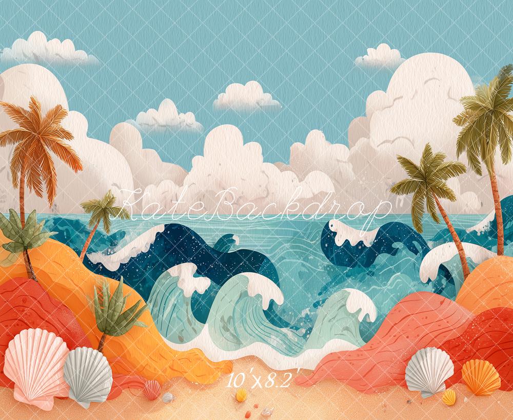 Kate Summer Beach Waves Palm Trees Shells Clouds Printed Backdrop Designed by Angela Miller