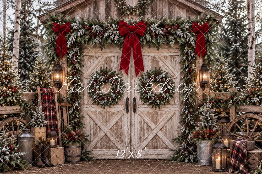 Kate Christmas Rustic Barn Door Snowy Garland Red Bows Printed Backdrop Designed by Ashley Paul