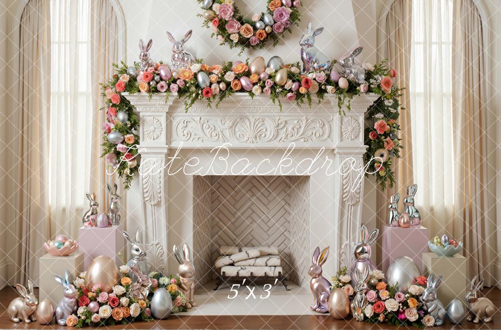 Kate Easter Bunny Pastel Eggs Floral Fireplace Backdrop Designed by Mini MakeBelieve