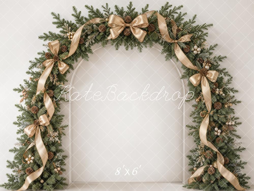Kate Christmas Evergreen Garland Arch Champagne Ribbon Bows Printed Backdrop Designed by Emetselch
