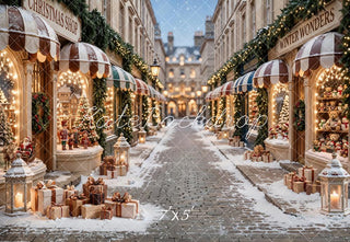 Kate Christmas Shop Snowy Street Gifts Printed Backdrop Designed by Emetselch