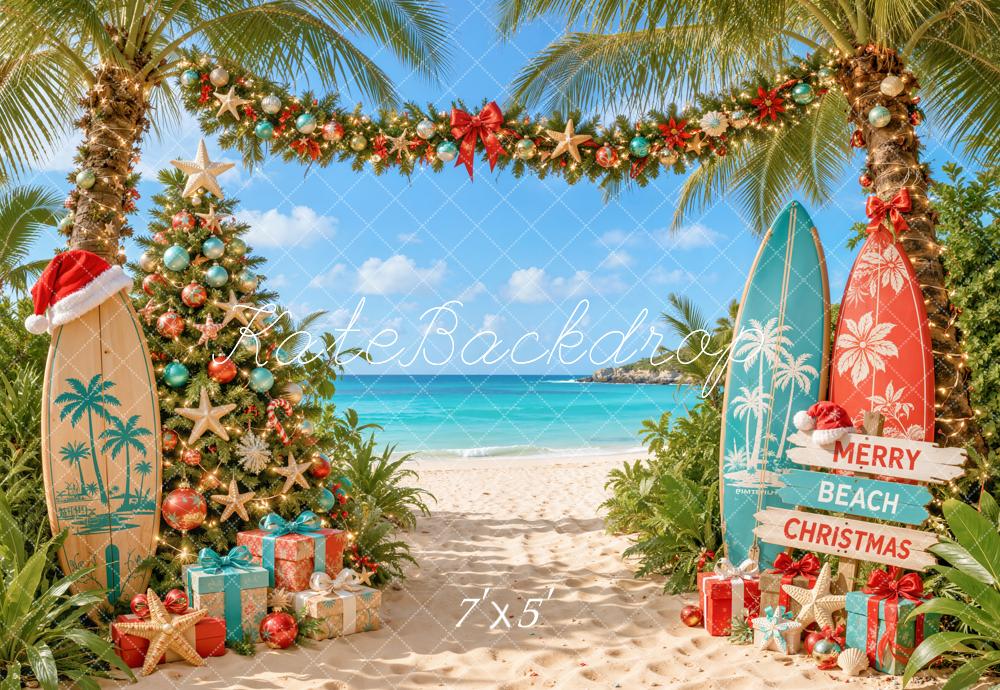 Kate Christmas Beach Surfboards Palm Trees Printed Backdrop Designed by Emetselch
