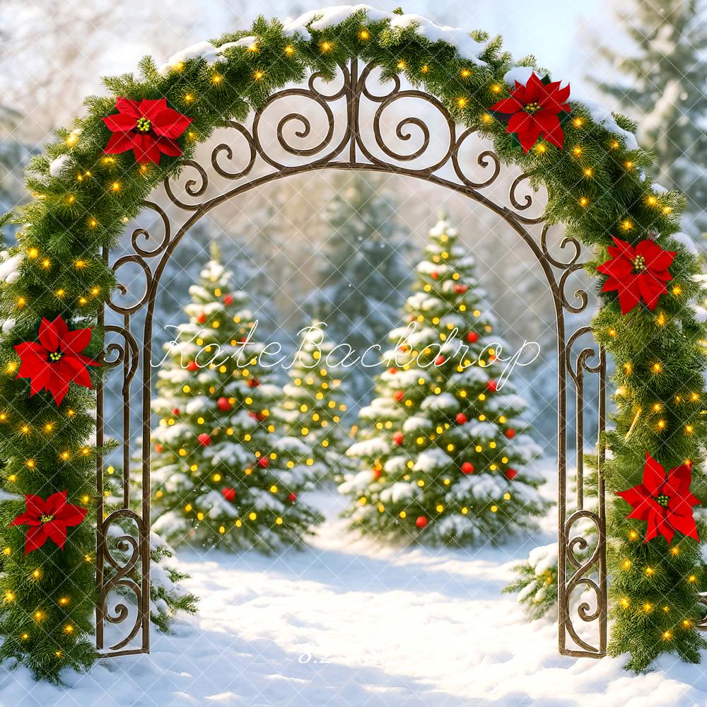 Kate Christmas Arch Poinsettias Garland Snowy Trees Backdrop Designed by Mini MakeBelieve