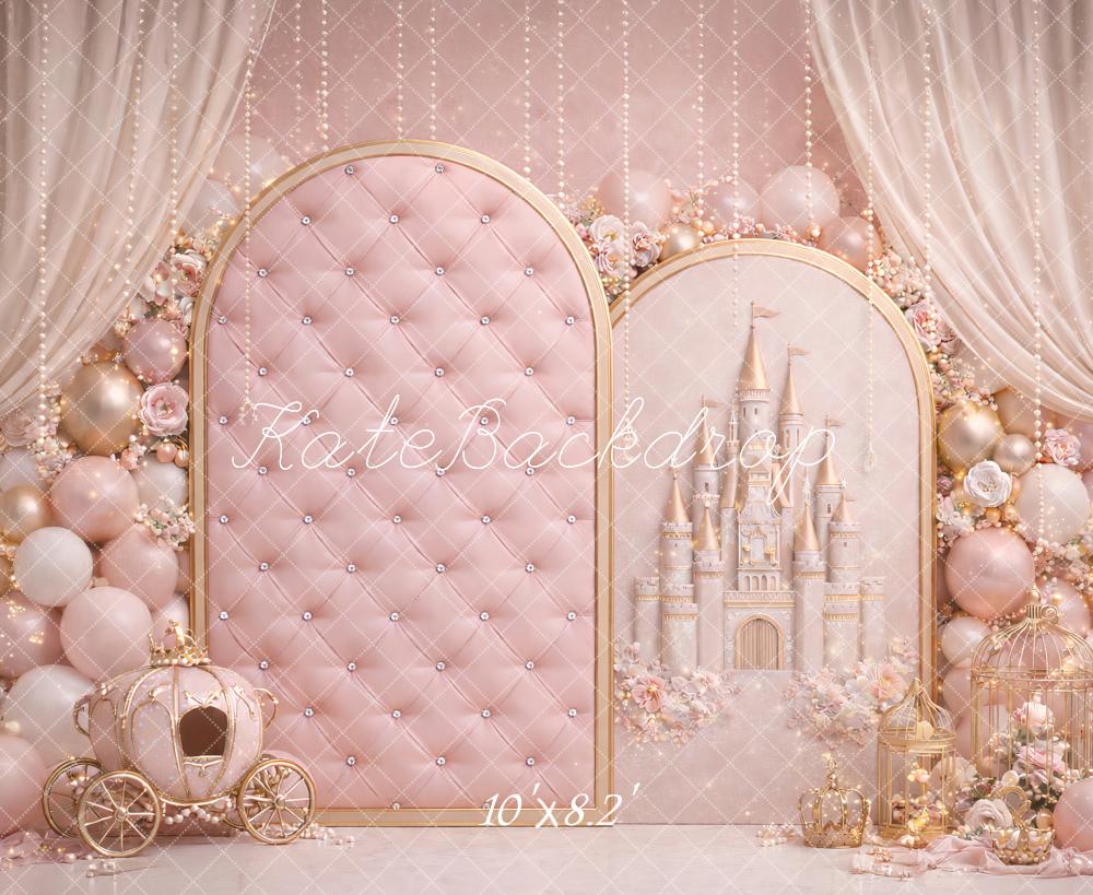 Kate Birthday Fairy Pink Princess Castle Carriage Balloon Printed Backdrop Designed by Ashley Paul